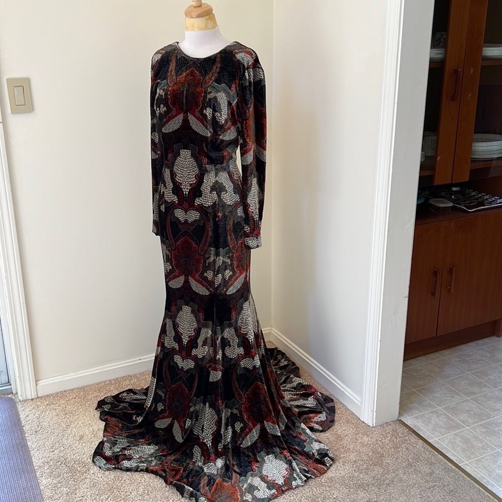 New! ETRO Size S printed multi velvet plunging back mermaid style maxi dress